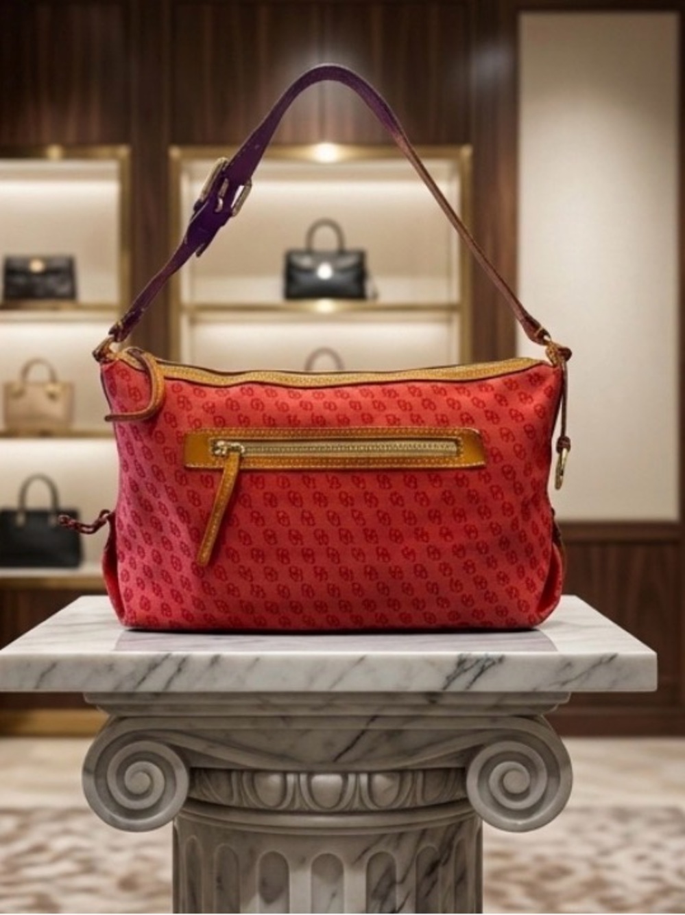Vintage Dooney & Bourke Monogram Elegant Red Shoulder Bag with Tan Accents